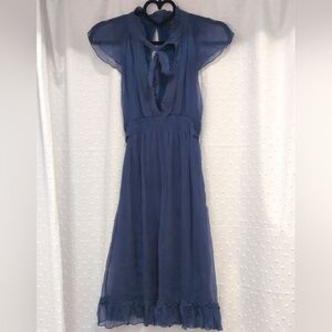 Chic Navy 100 Percent Silk Dress With Tie Ruffles Cottage Core Spring Summer